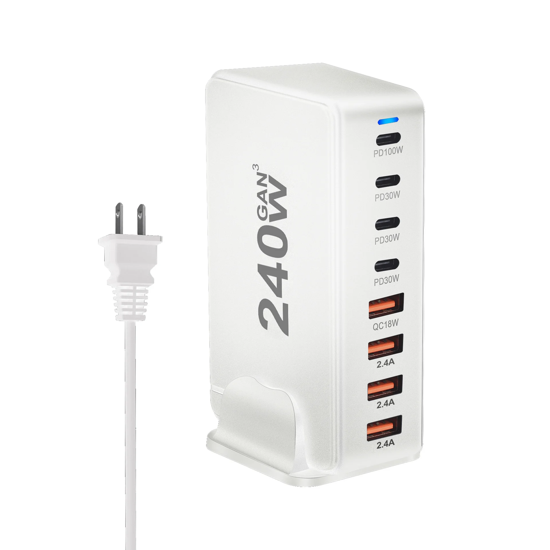 Chargeur Bureau GaN 8 Ports 240W – Charge Rapide USB-C PD & QC3.0 pour iPhone, Samsung, MacBook