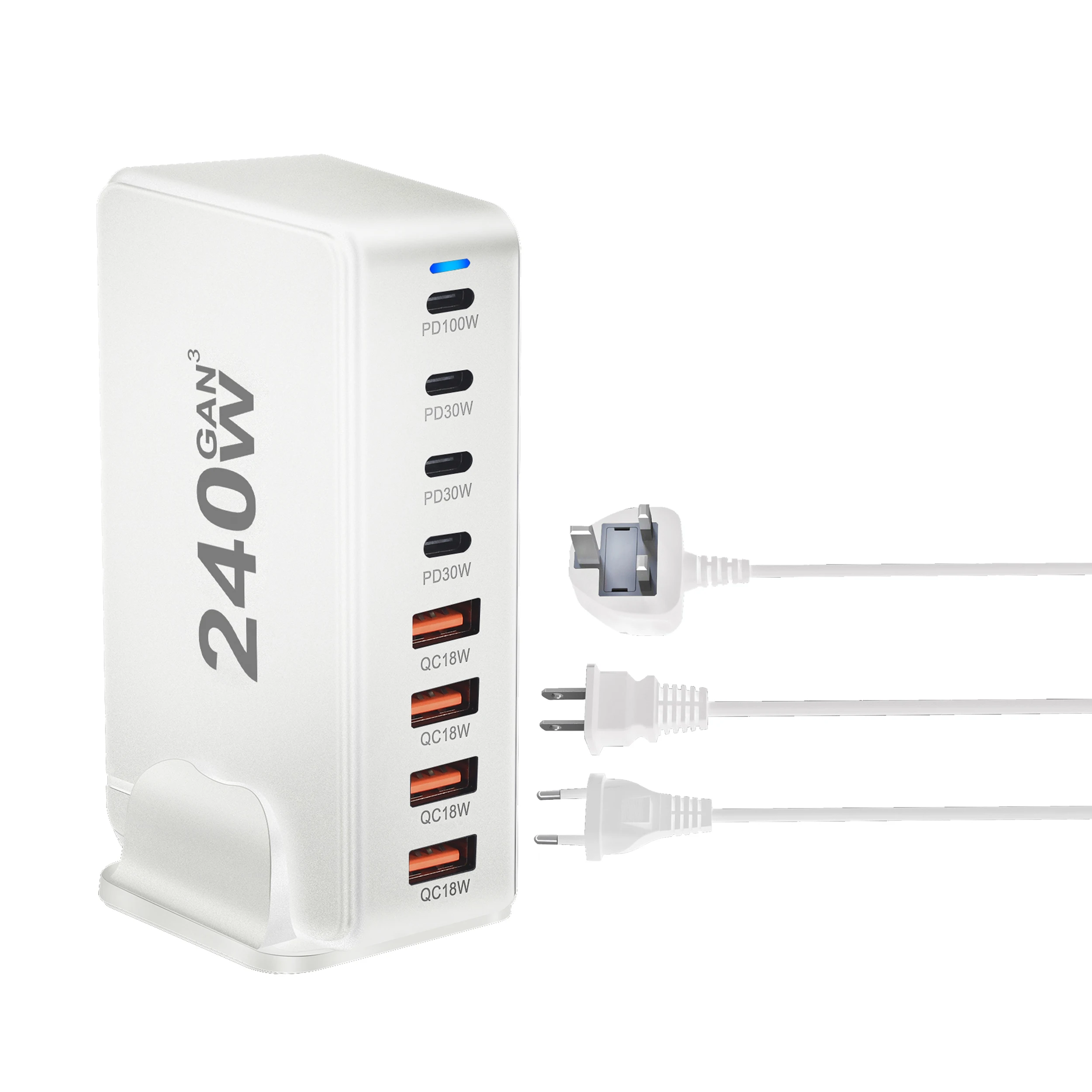 Chargeur Bureau GaN 8 Ports 240W – Charge Rapide USB-C PD & QC3.0 pour iPhone, Samsung, MacBook