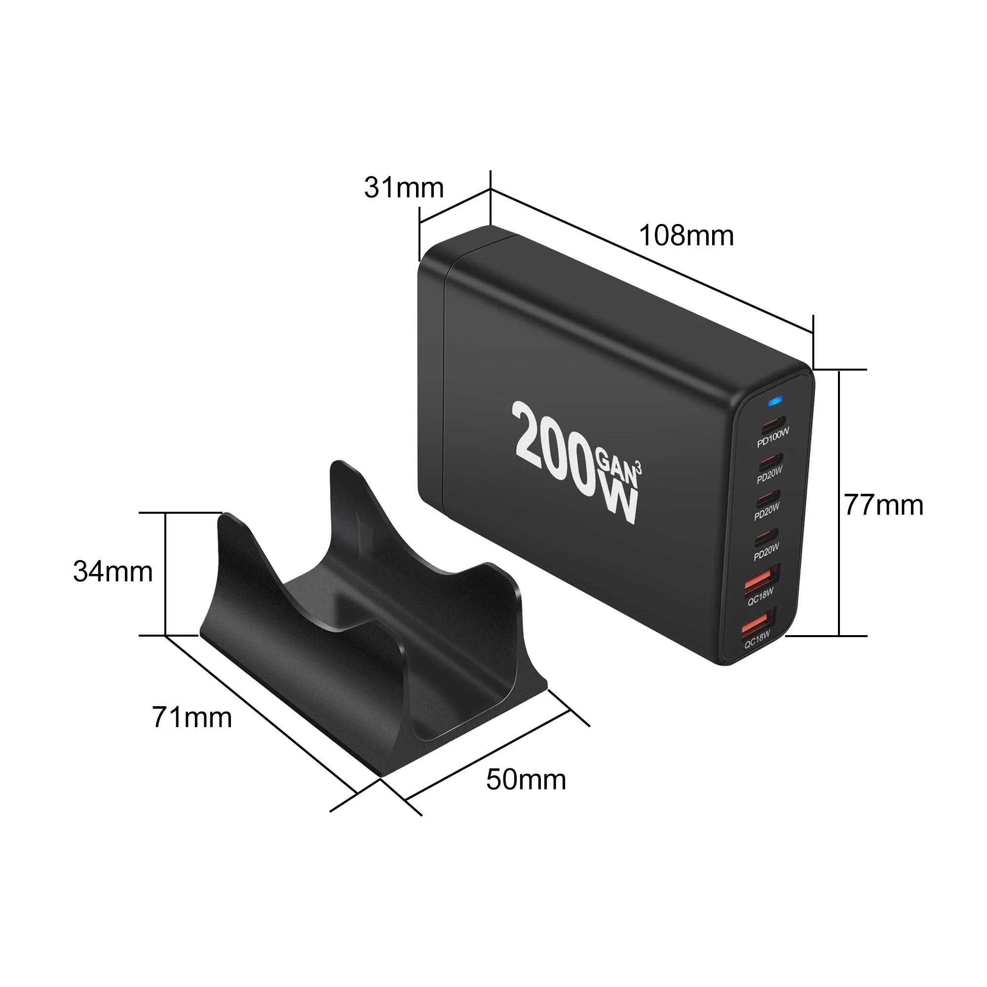 Station de Charge Rapide 200W - 6 Ports USB (4 Type-C + 2 USB-A) Bureau