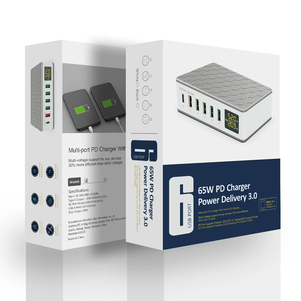 Chargeur Rapide 65W Ilepo i8 – Station USB 6 Ports avec LED, Certifié CE FCC ROHS