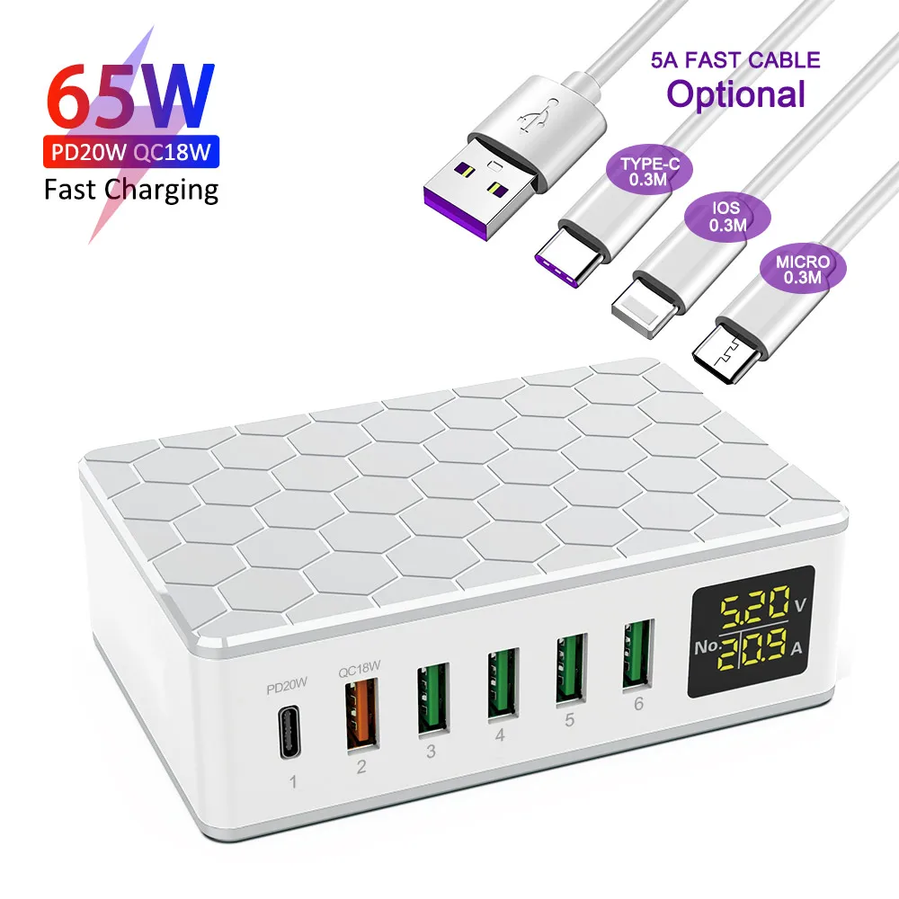 Chargeur Rapide 65W Ilepo i8 – Station USB 6 Ports avec LED, Certifié CE FCC ROHS