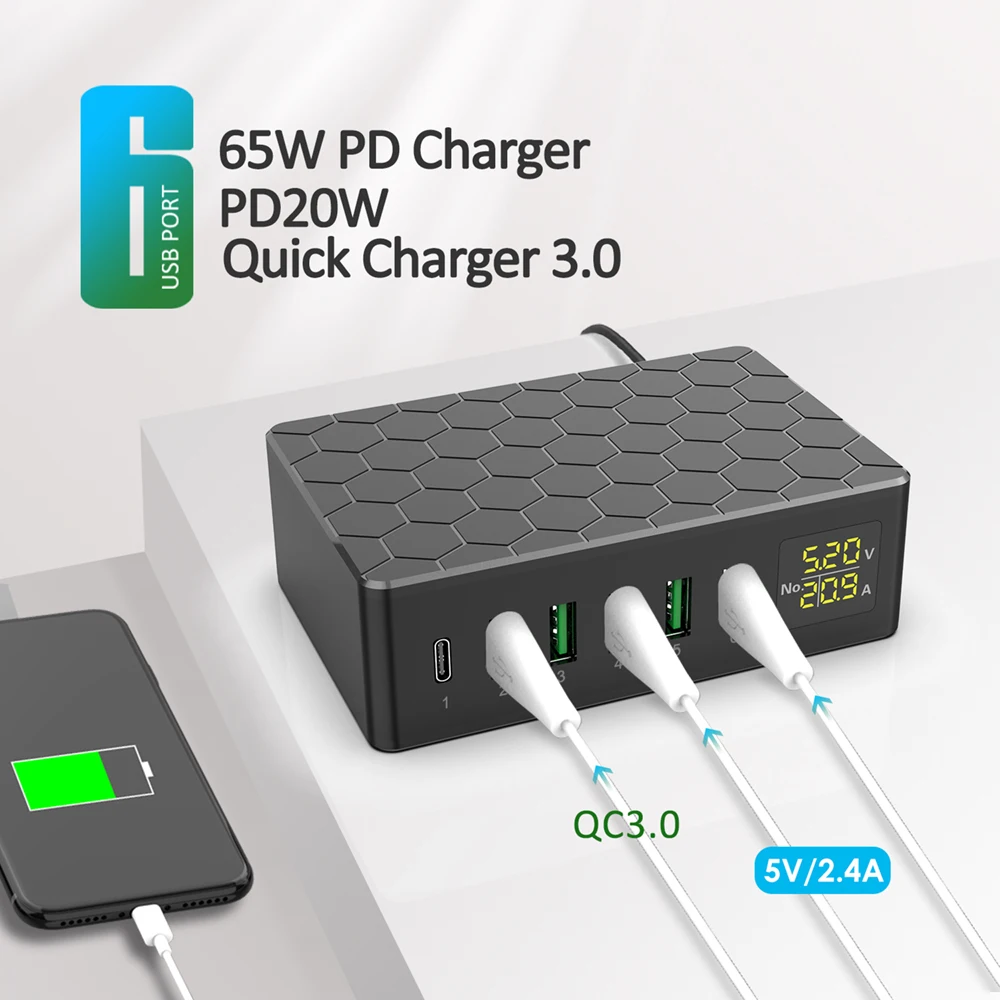 Chargeur Rapide 65W Ilepo i8 – Station USB 6 Ports avec LED, Certifié CE FCC ROHS