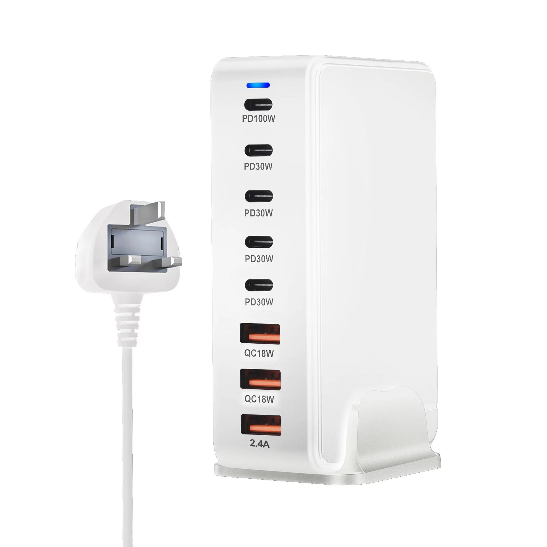 Chargeur de Bureau GaN 268W – 8 Ports USB (4 USB-A + 4 USB-C) Charge Rapide QC3.0 & PD