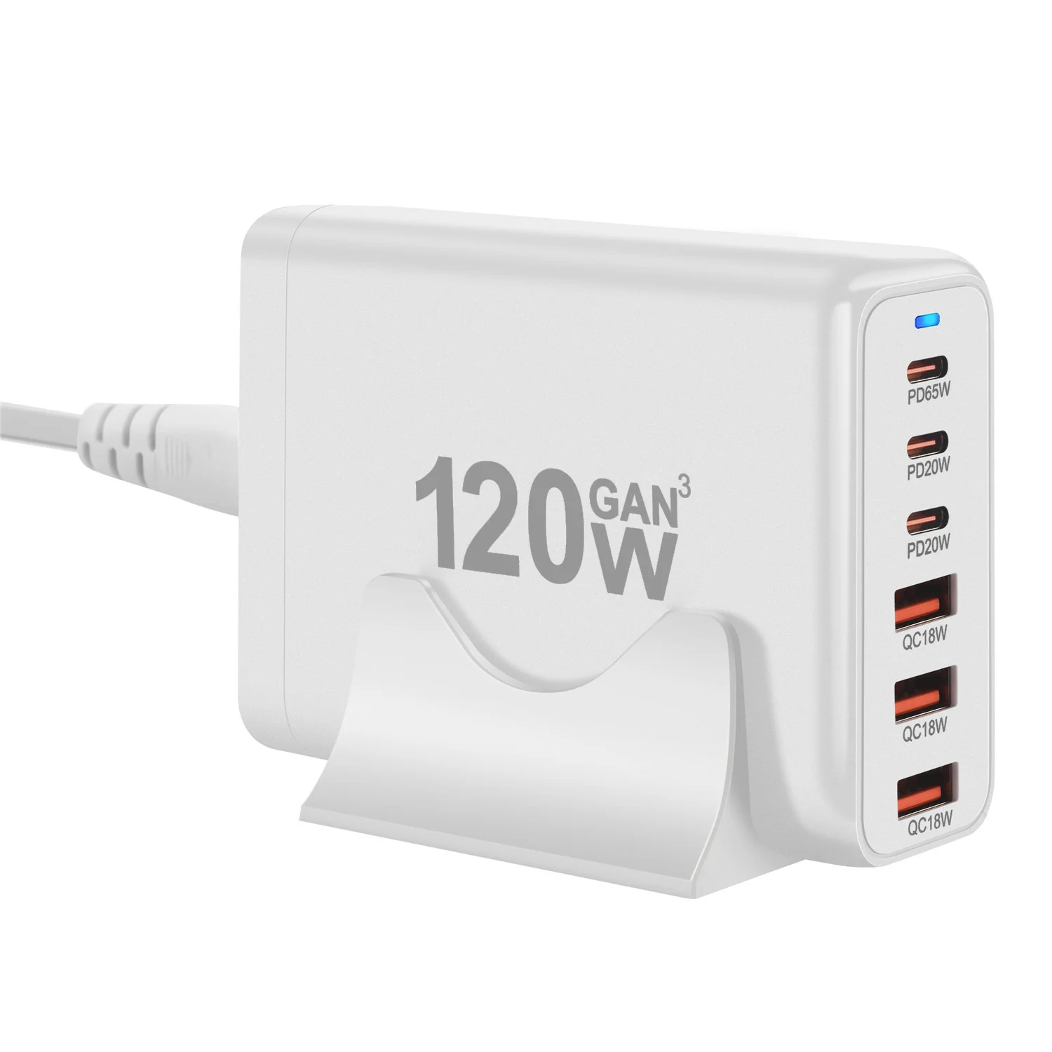 Chargeur GaN 120W 6 Ports USB-C & USB-A Charge Rapide PD 3.0 QC 3.0 Bureau