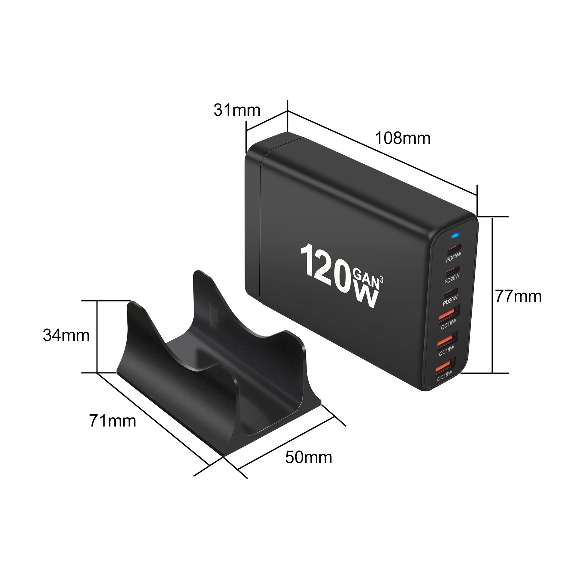 Chargeur GaN 120W 6 Ports USB-C & USB-A Charge Rapide PD 3.0 QC 3.0 Bureau
