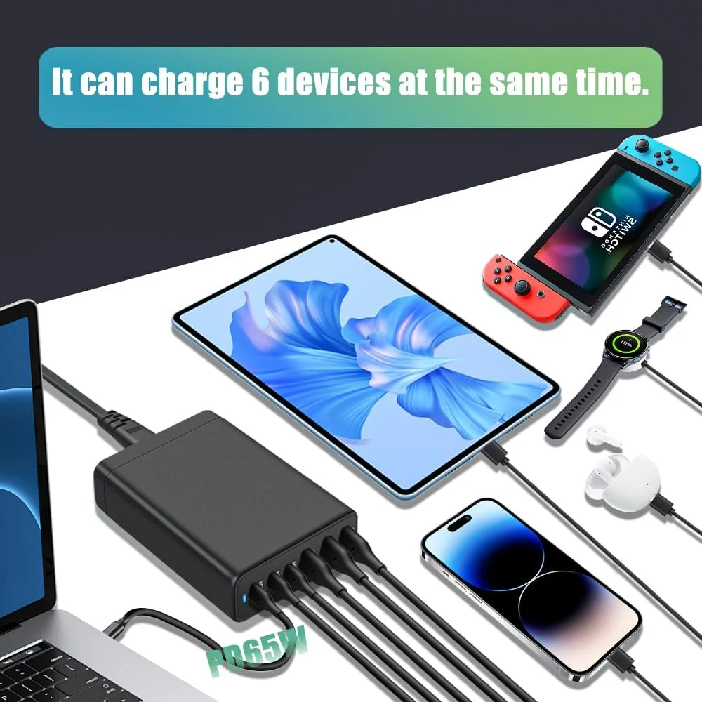 Chargeur GaN 120W 6 Ports USB-C & USB-A Charge Rapide QC3.0 PD – Station Bureau