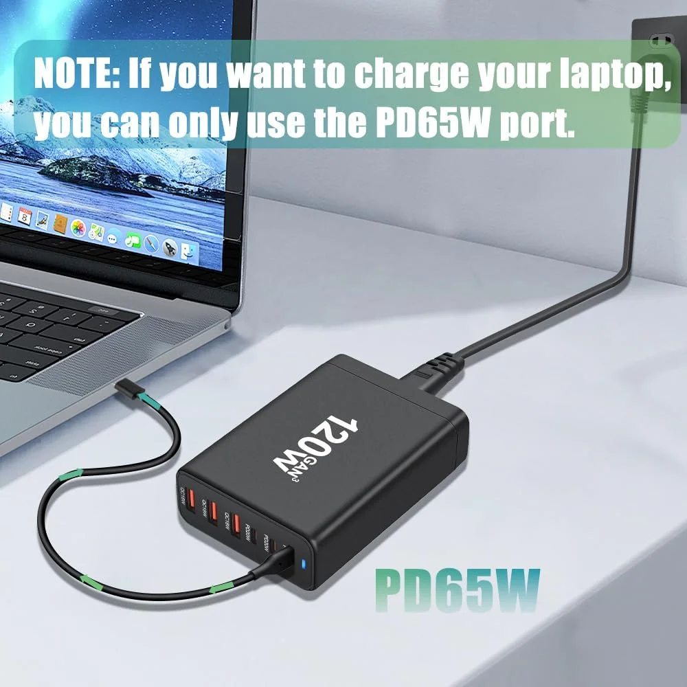 Chargeur GaN 120W 6 Ports USB-C & USB-A Charge Rapide QC3.0 PD – Station Bureau
