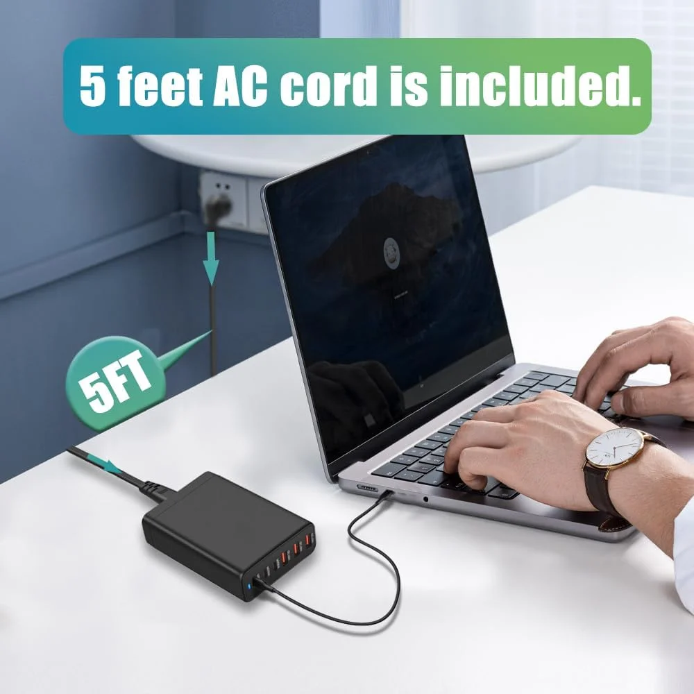 Chargeur GaN 120W 6 Ports USB-C & USB-A Charge Rapide QC3.0 PD – Station Bureau