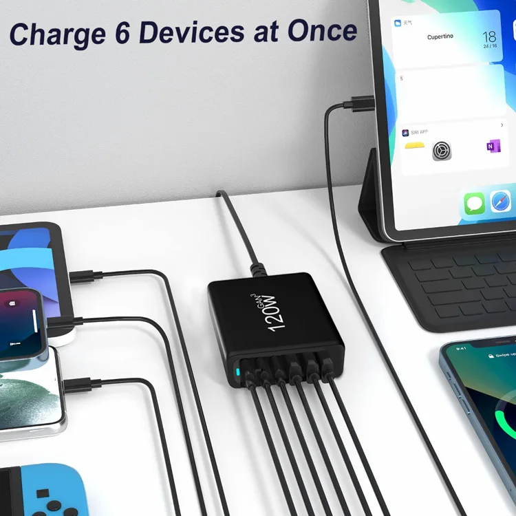 Station de Charge GaN 120W 6 Ports USB-C & USB-A Chargeur Rapide Bureau Multiappareils