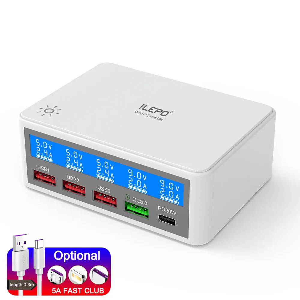 Station de Charge Rapide 65W – 4 USB + Type-C, QC3.0 & PD, Écran LED
