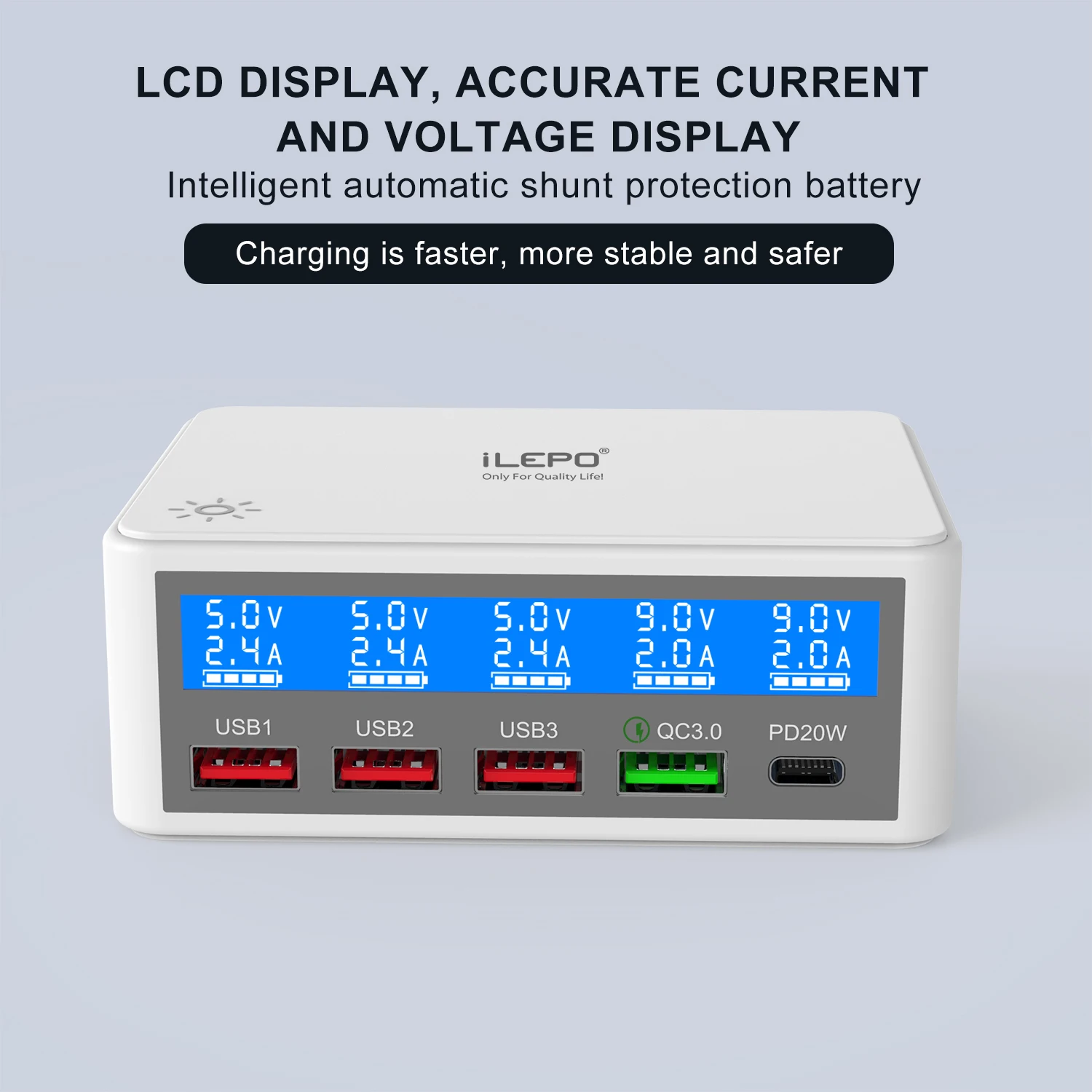 Station de Charge Rapide 65W – 4 USB + Type-C, QC3.0 & PD, Écran LED