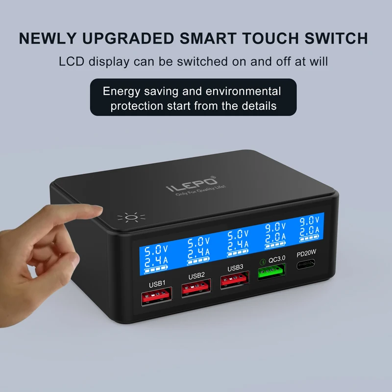 Station de Charge Rapide 65W – 4 USB + Type-C, QC3.0 & PD, Écran LED