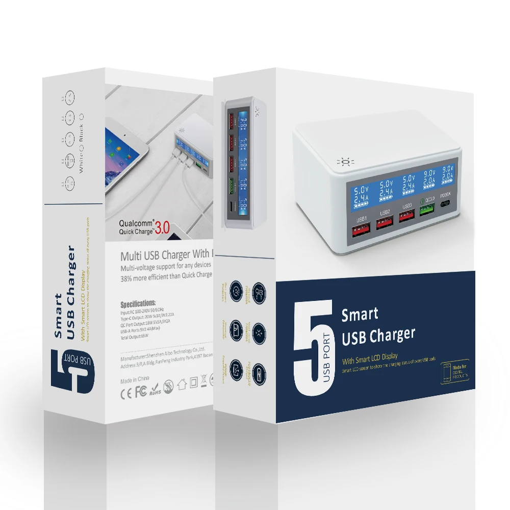 Station de Charge Rapide 65W – 4 USB + Type-C, QC3.0 & PD, Écran LED