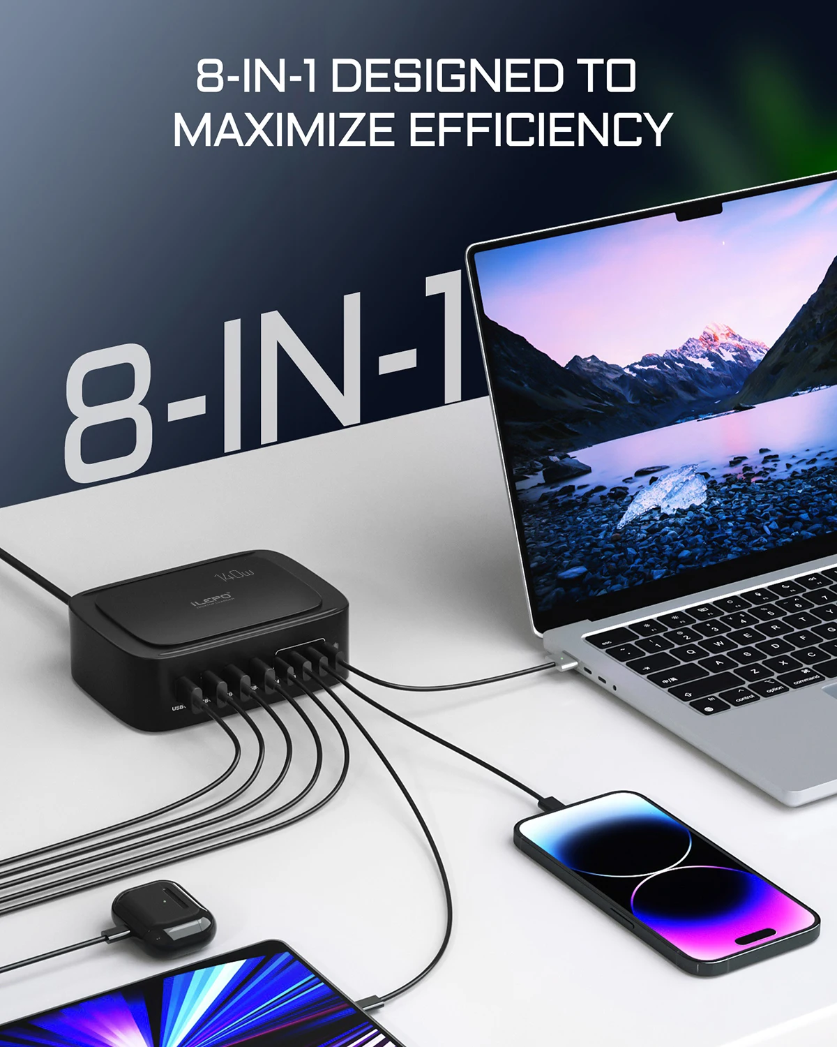 Station de Charge USB 8 Ports 140W – Charge Rapide Bureau Téléphone Montre Laptop