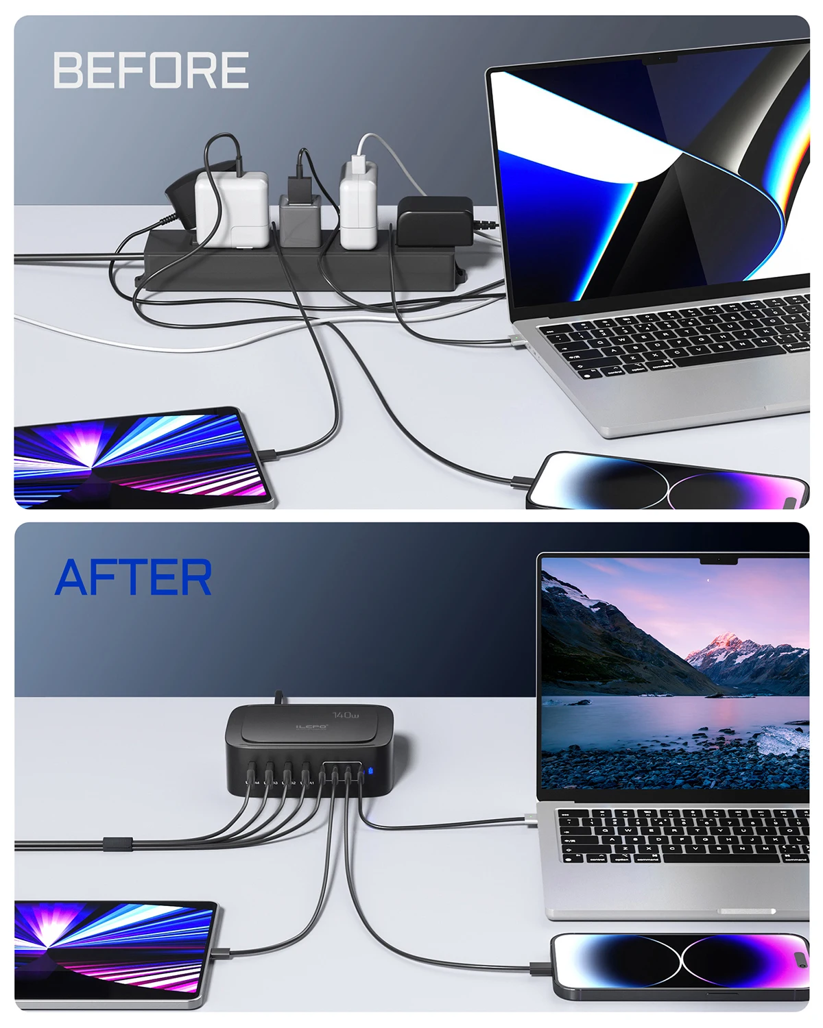 Station de Charge USB 8 Ports 140W – Charge Rapide Bureau Téléphone Montre Laptop