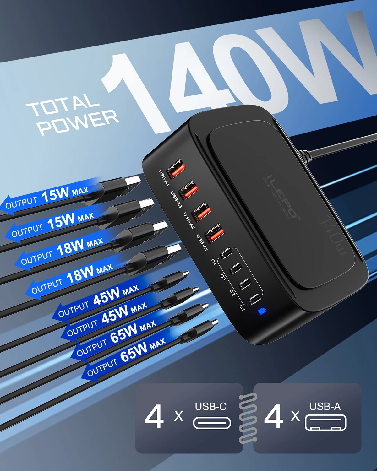 Station de Charge USB 8 Ports 140W – Charge Rapide Bureau Téléphone Montre Laptop