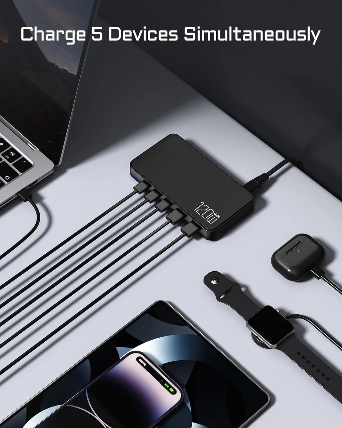 Chargeur Rapide GaN 120W 5 Ports USB-C PD 3.0 – Station de Charge Multiprises