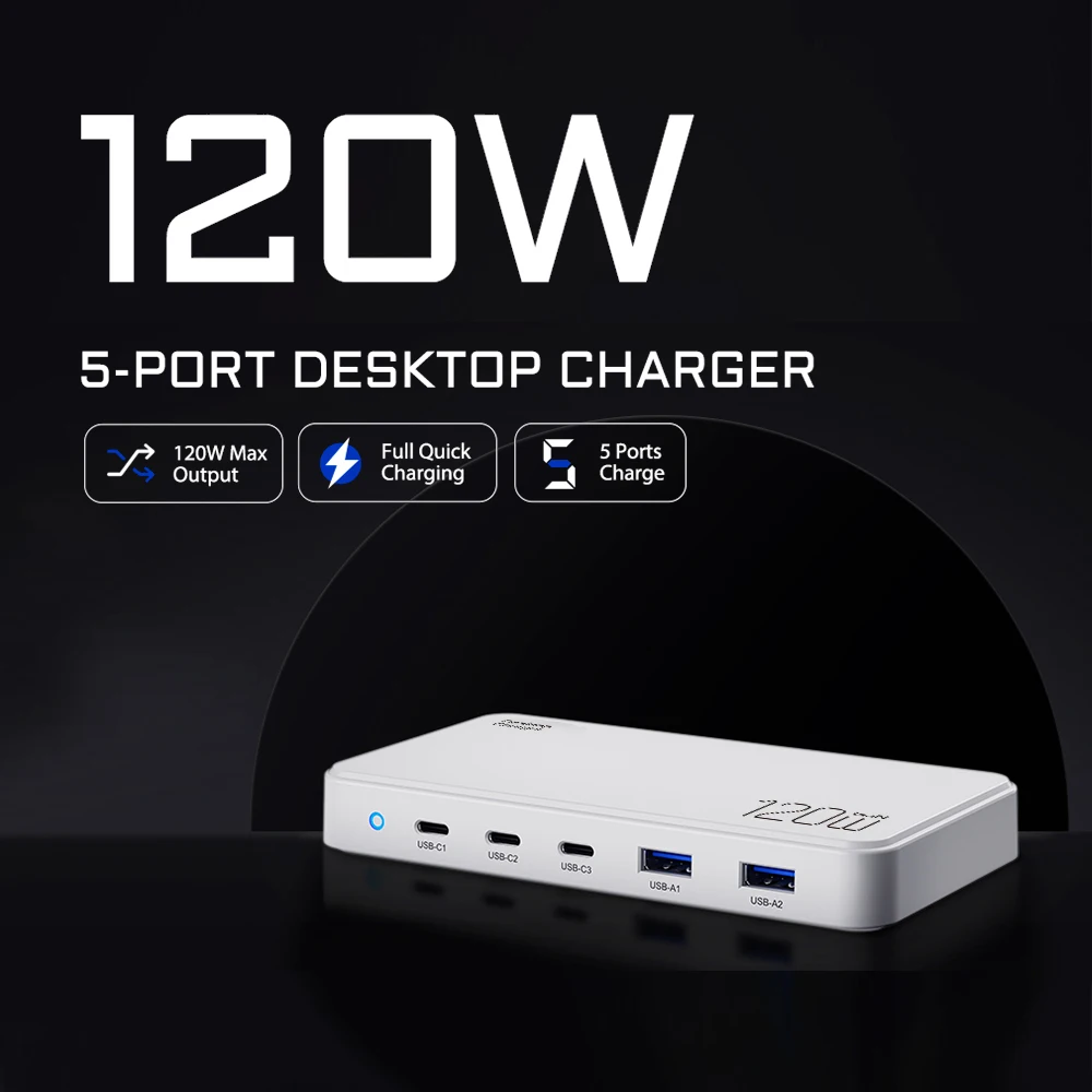 Chargeur GaN 120W 5 Ports USB-C 100W Charge Rapide Bureau Ordinateur Téléphone