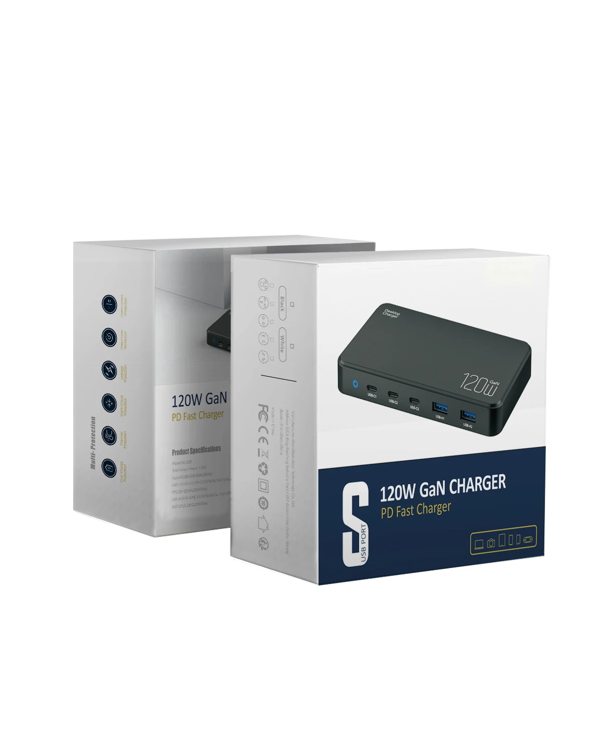 Chargeur GaN 120W 5 Ports USB-C & USB-A Charge Rapide QC3.0 PD pour PC & Smartphones