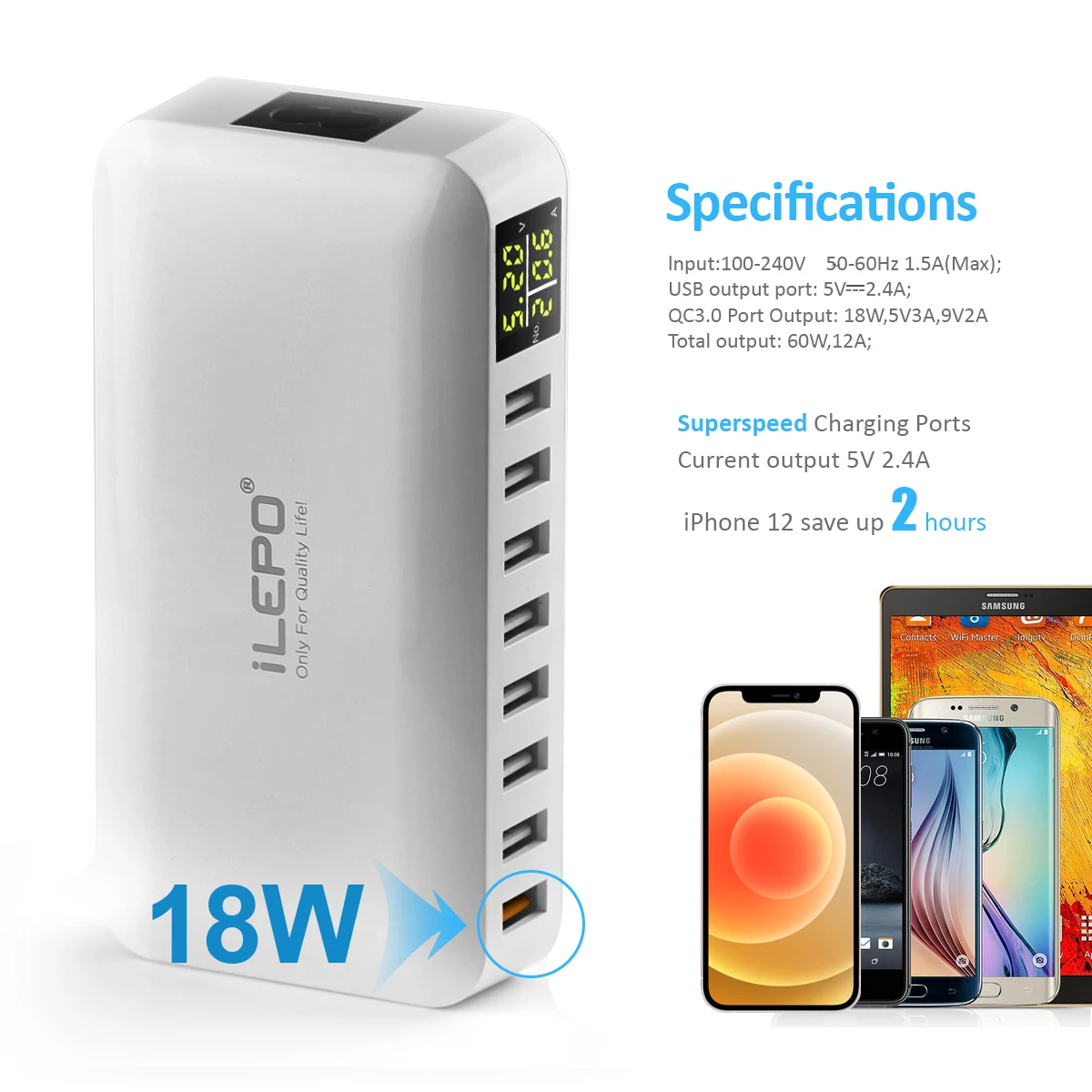 Station de Charge Rapide 60W Multi-ports USB – Compatible iPhone, Samsung & Plus