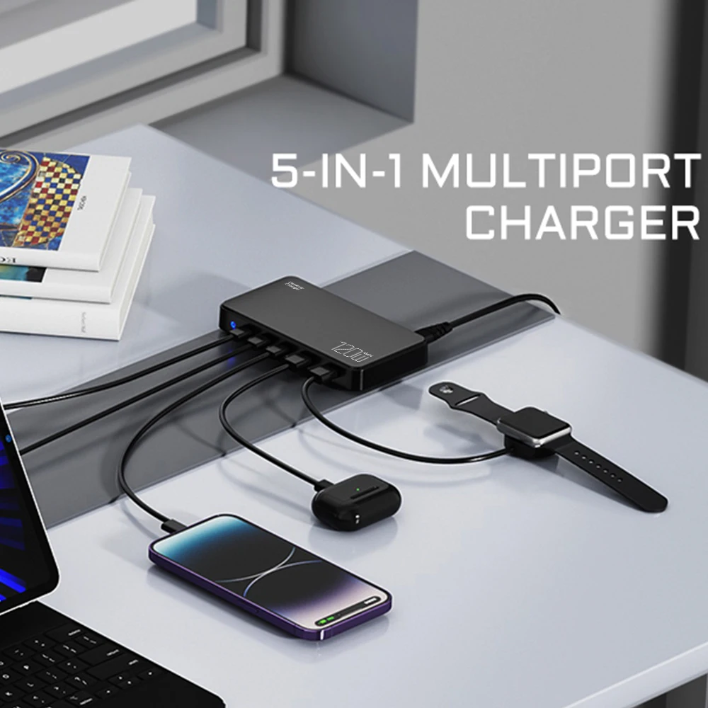 Chargeur GaN 120W 6 Ports USB-C PD & QC3.0 – 2 Laptops + 4 Téléphones simultanés