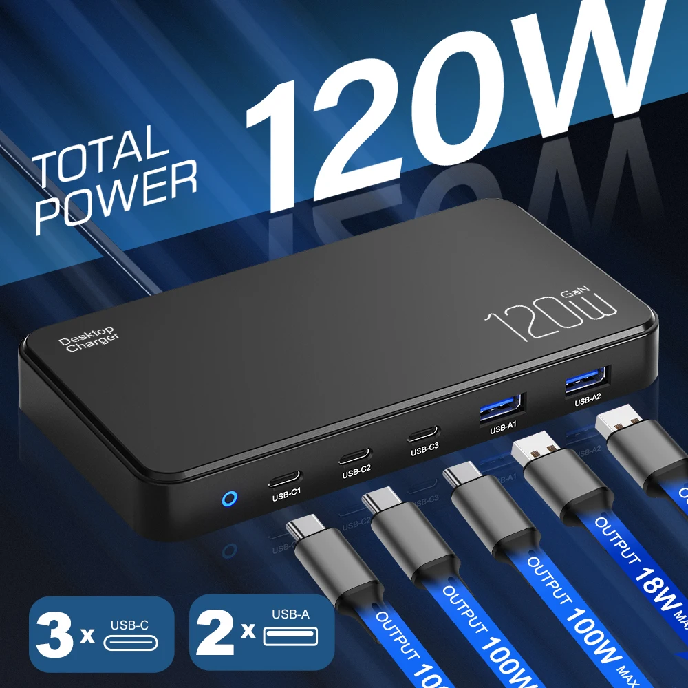 Chargeur GaN 120W 6 Ports USB-C PD & QC3.0 – 2 Laptops + 4 Téléphones simultanés