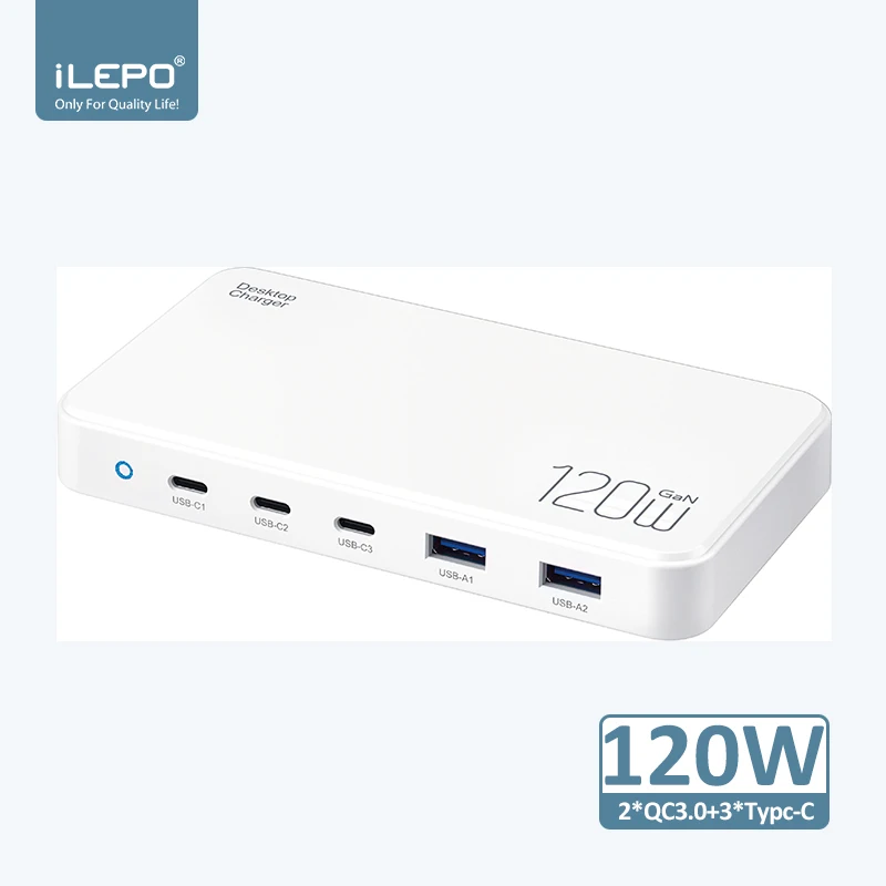 Chargeur GaN 120W 5 Ports USB-C & USB-A Charge Rapide PD QC3.0 Multi-Appareils