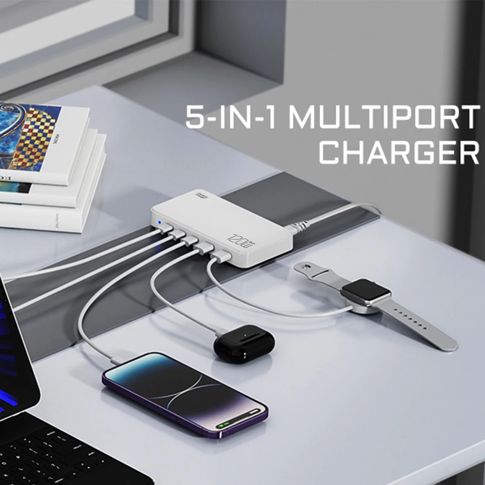 Chargeur GaN 120W 5 Ports USB-C & USB-A Charge Rapide PD QC3.0 Multi-Appareils