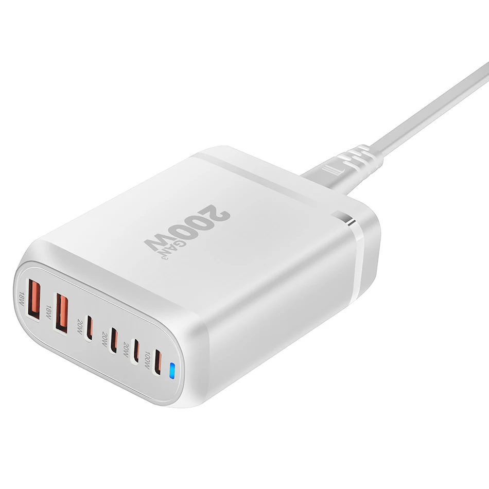 Chargeur Bureau GaN 200W 6 Ports USB-C PD 100W Charge Rapide Tous Appareils