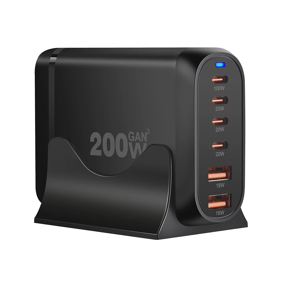 Chargeur Bureau GaN 200W 6 Ports USB-C PD 100W Charge Rapide Tous Appareils