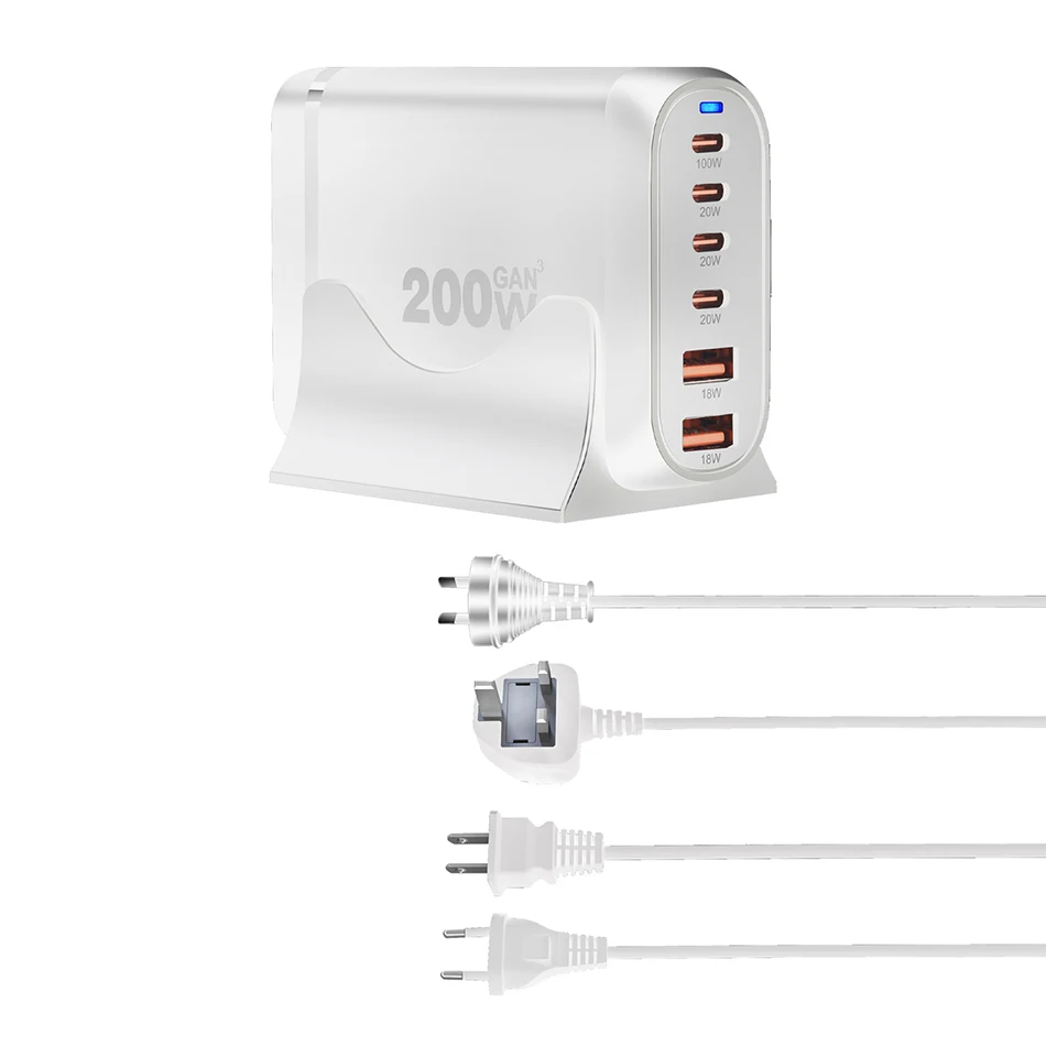 Chargeur Bureau GaN 200W 6 Ports USB-C PD 100W Charge Rapide Tous Appareils