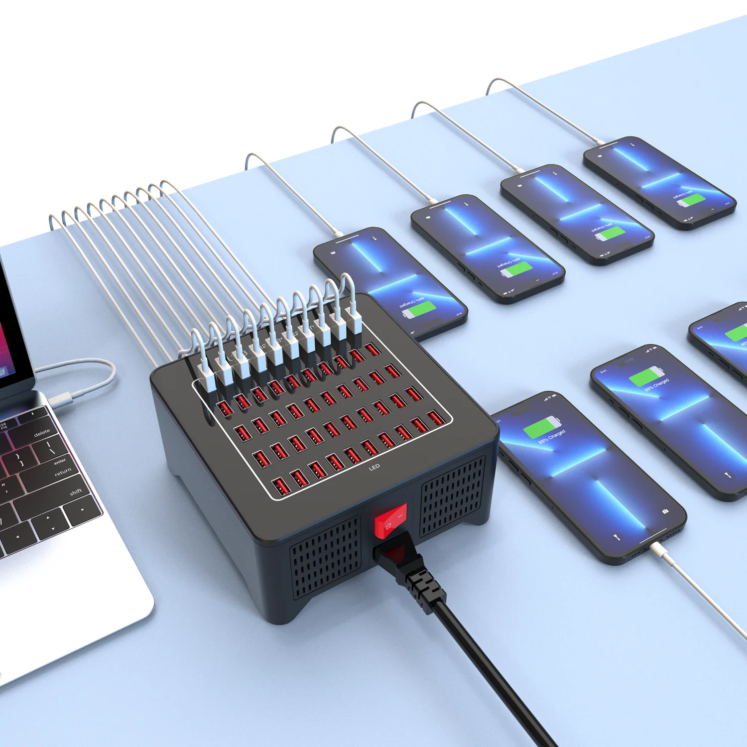 Station de Charge 50 Ports USB 250W – Chargeur Bureau Intelligent pour Smartphones & Tablettes
