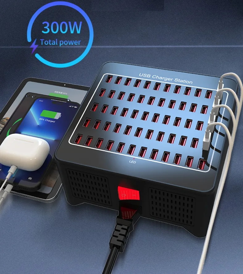 Station de Charge USB 60 Ports 300W – Charge Rapide Intelligente pour Bureaux & Écoles