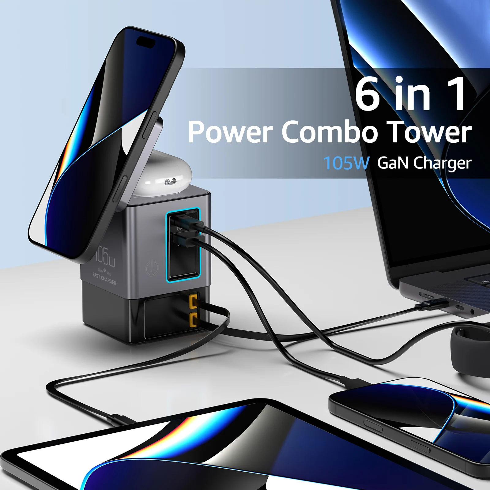 Station de Charge Rapide 105W PowerCombo i116 MAX – Sans Fil 15W + Câble USB-C Rétractable