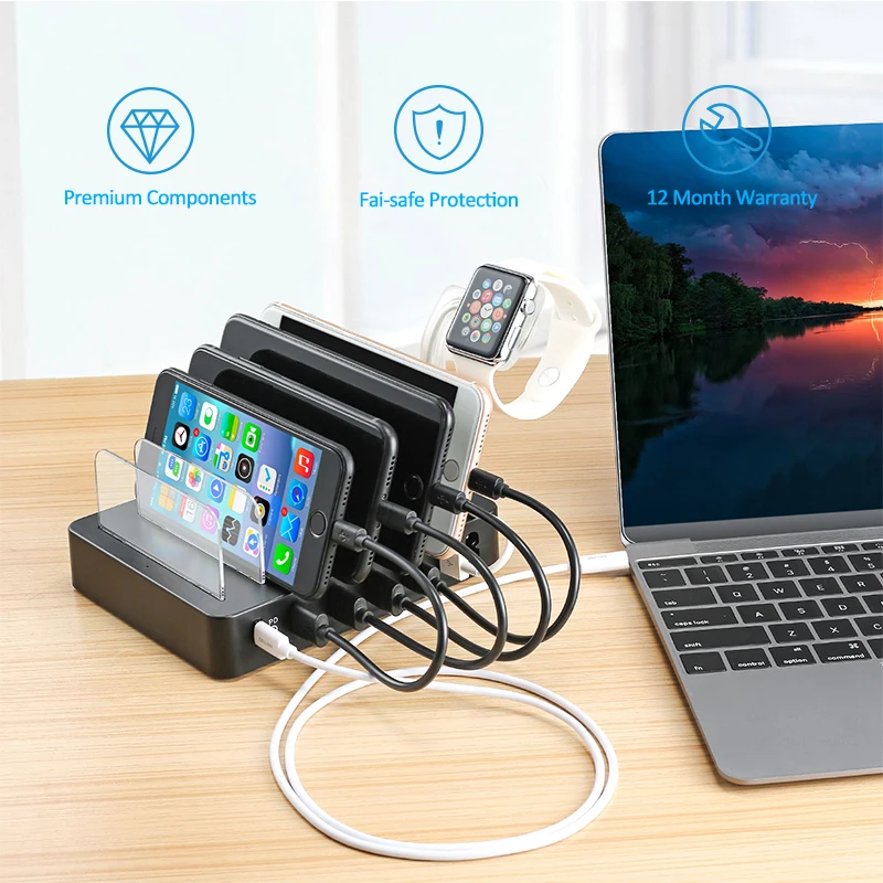 Station de Charge 6 Ports 60W USB-A & Type-C PD3.0 QC3.0 – Bureau & Écouteurs