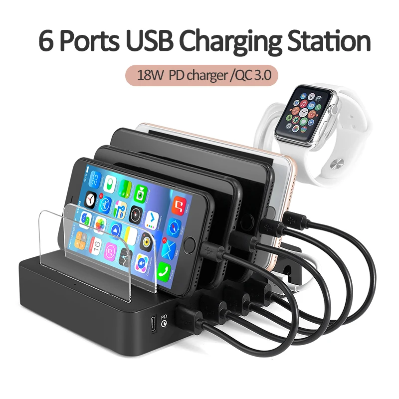 Station de Charge 6 Ports 60W USB-A & Type-C PD3.0 QC3.0 – Bureau & Écouteurs