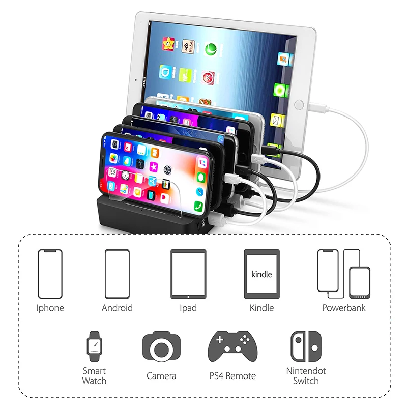 Station de Charge 6 Ports 60W USB-A & Type-C PD3.0 QC3.0 – Bureau & Écouteurs