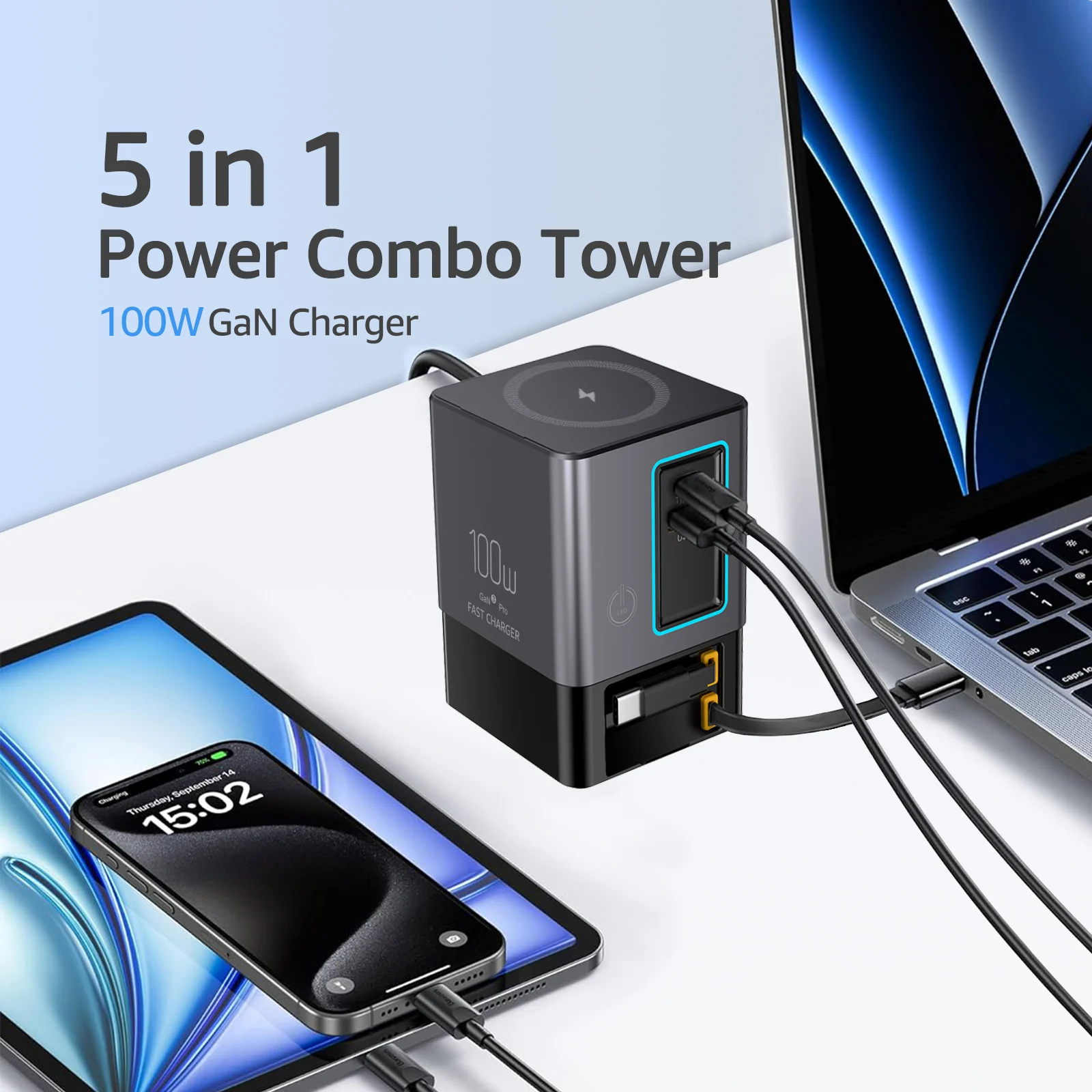 Station de Charge 5-en-1 100W i116 Pro – USB-C Rétractable, Sans Fil & Multiprise Bureau