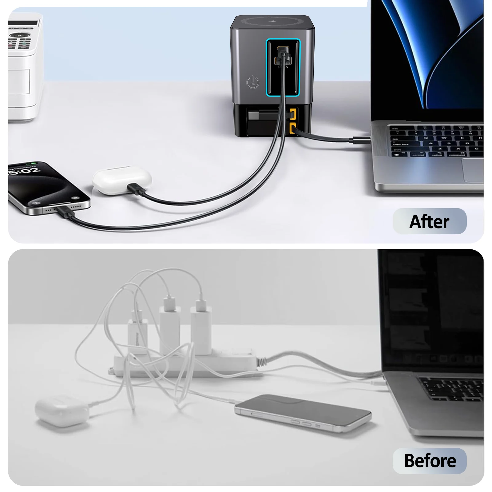Station de Charge 5-en-1 100W i116 Pro – USB-C Rétractable, Sans Fil & Multiprise Bureau