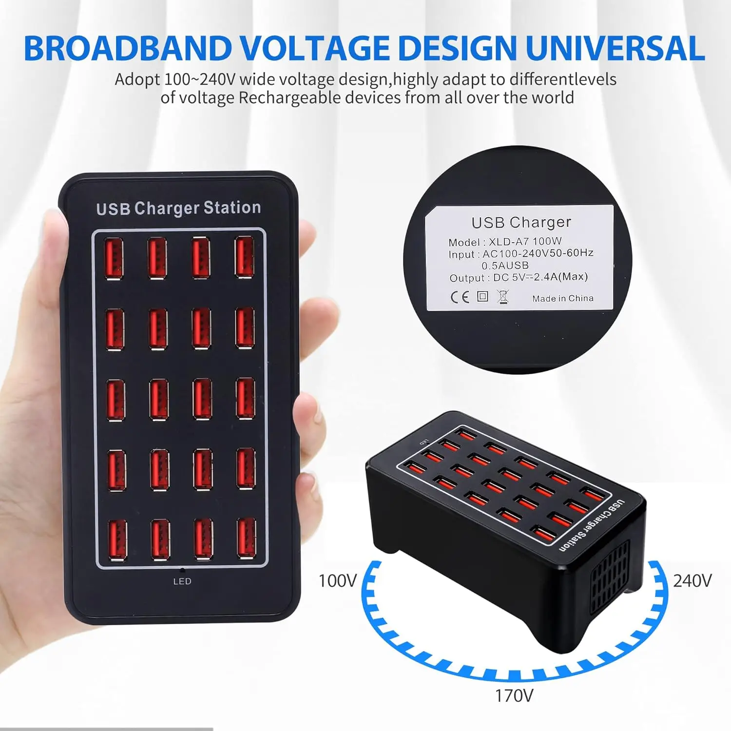 Station de Charge USB 20 Ports 100W – Chargeur Rapide Multifonction PD/QC pour Bureau