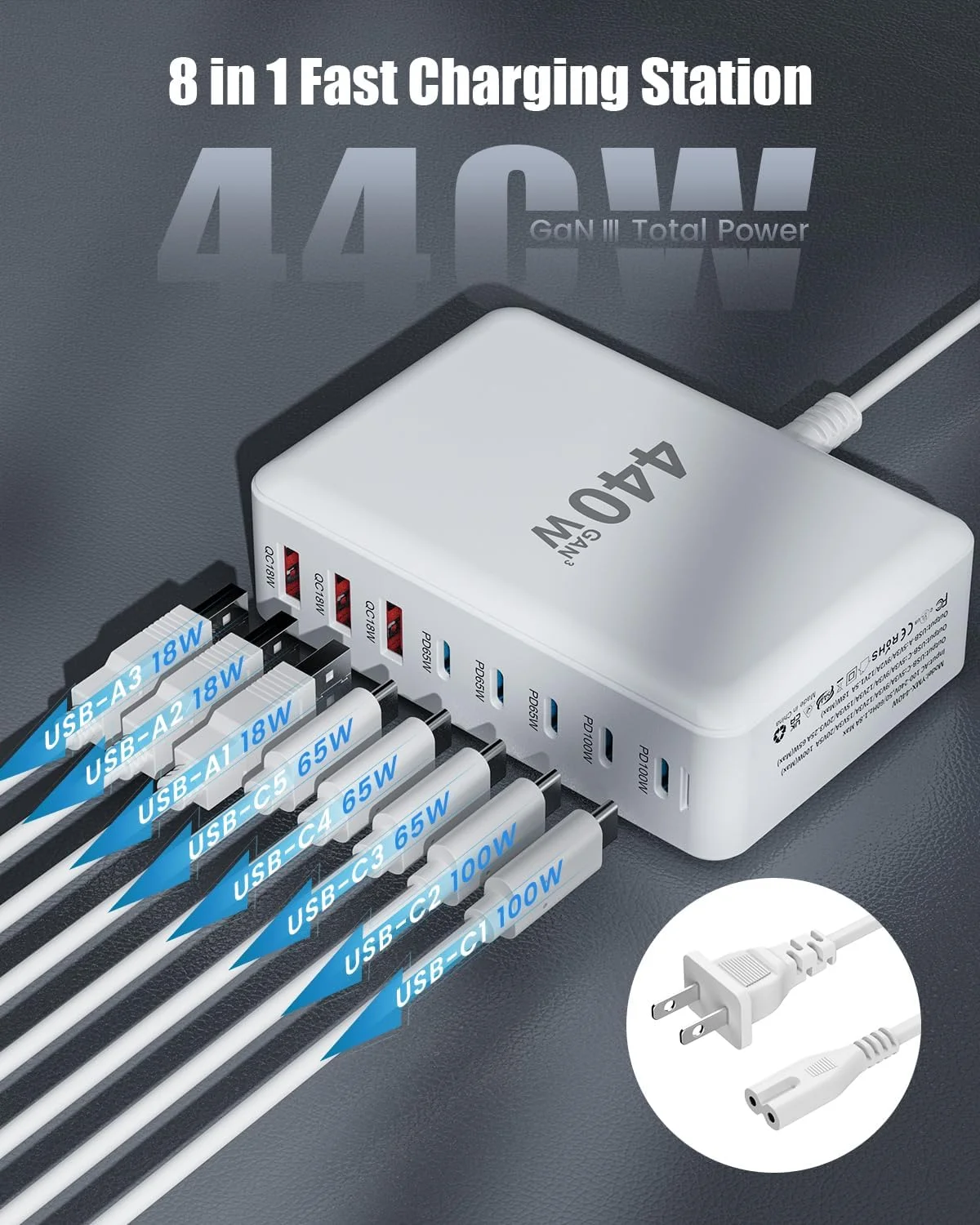 Station de Charge GaN 440W 8 Ports USB-C Rapide PD3.0 QC3.0 pour PC & Téléphones