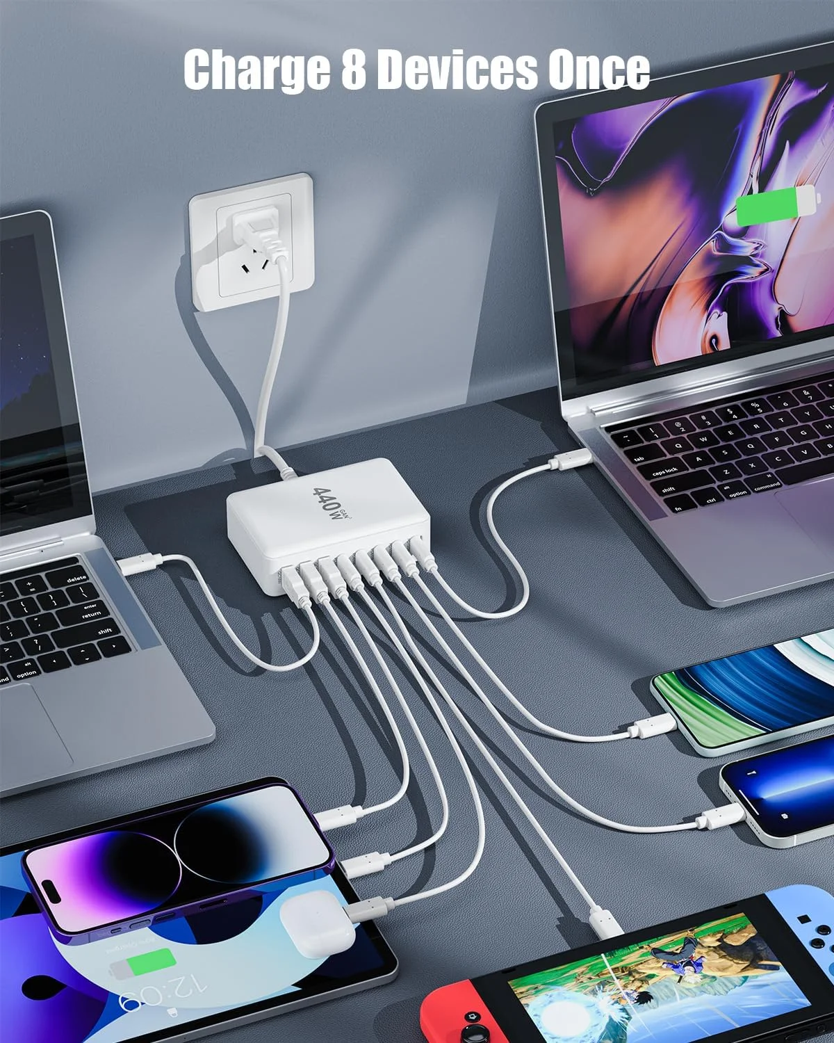 Station de Charge GaN 440W 8 Ports USB-C Rapide PD3.0 QC3.0 pour PC & Téléphones