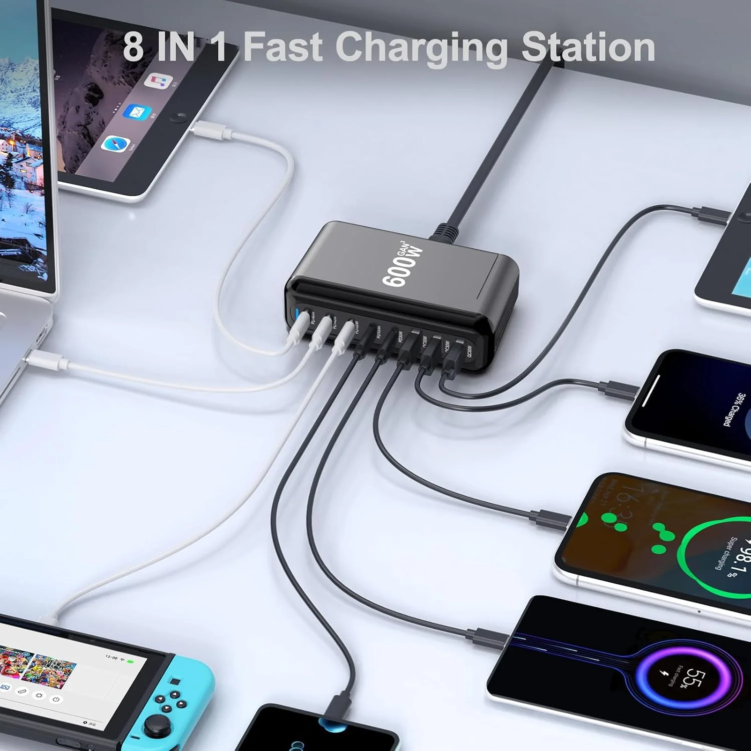 Station de Charge USB-C 600W | 8 Ports GaN III | PD 140W | Charge Rapide Multi-Appareils