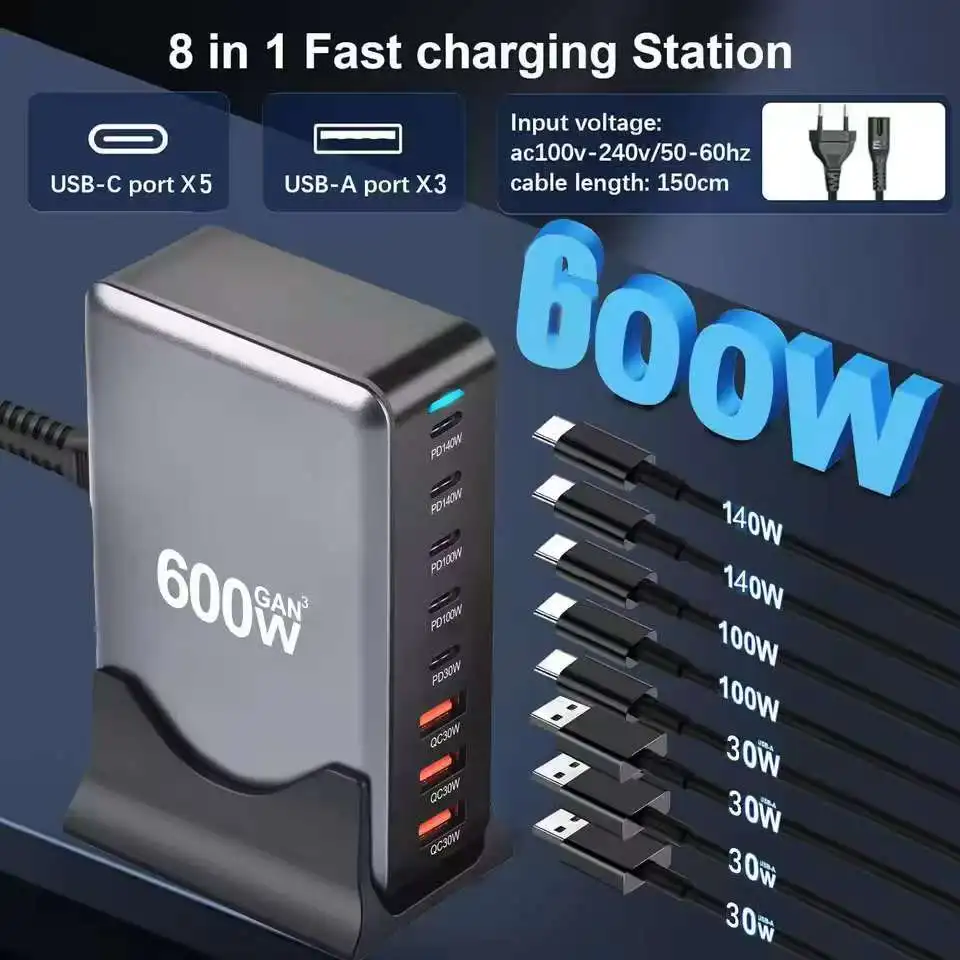 Station de Charge Rapide 8 Ports USB-C 600W GaN III – Chargez 8 Appareils Simultanément