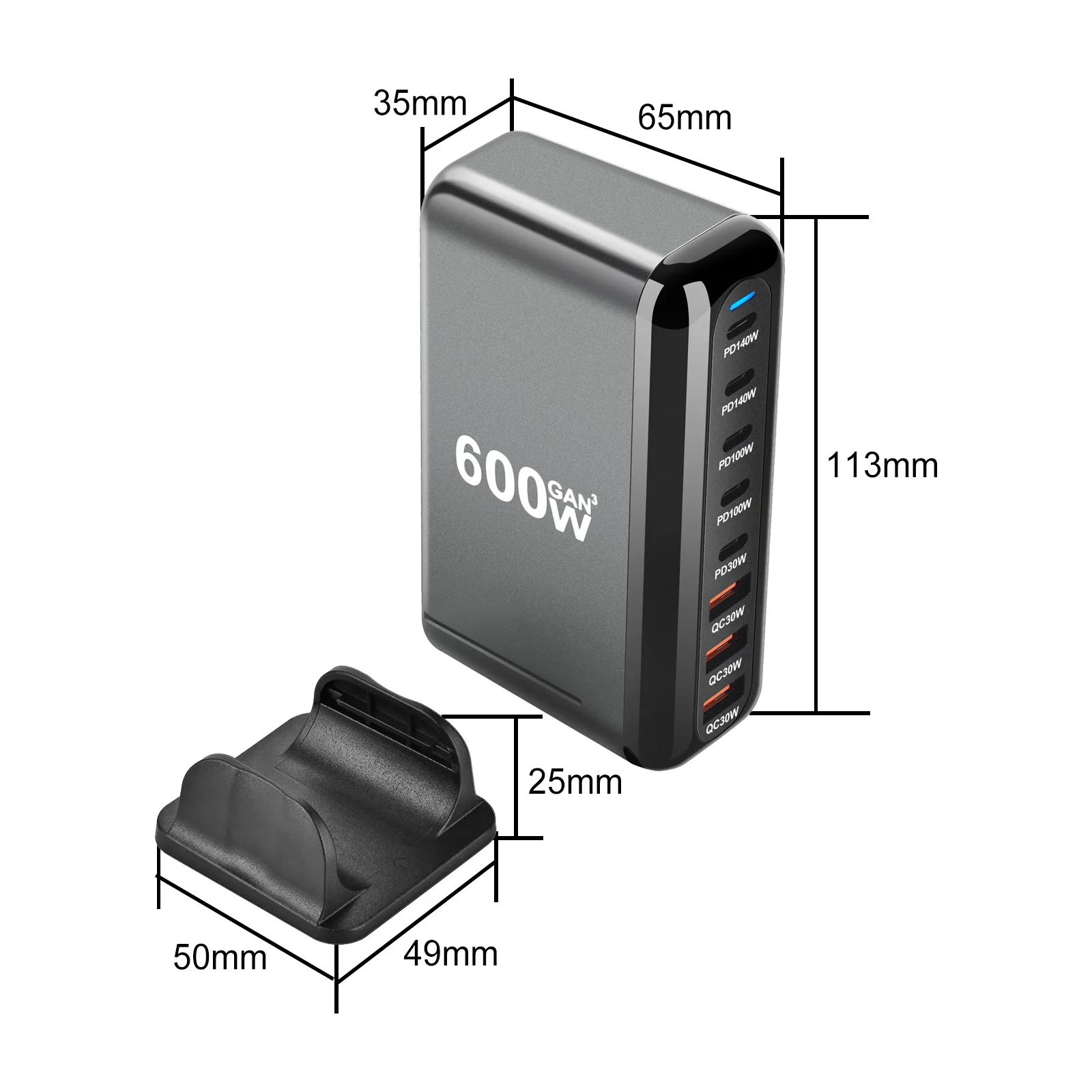 Station de Charge Rapide 8 Ports 600W GaN III – USB-C PD 140W + QC 3.0
