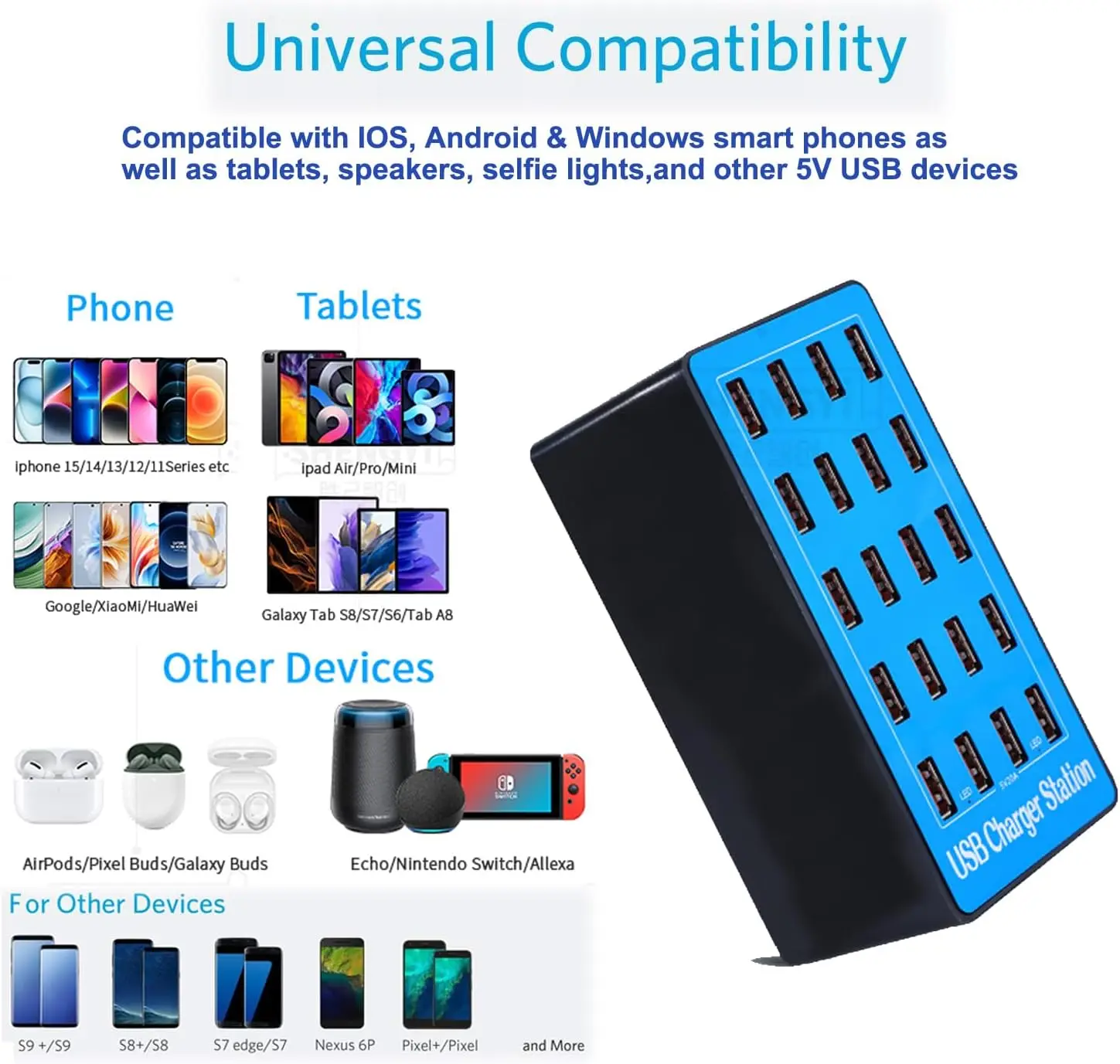 Station de Charge 20 Ports USB 100W – Charge Rapide Multi-Appareils