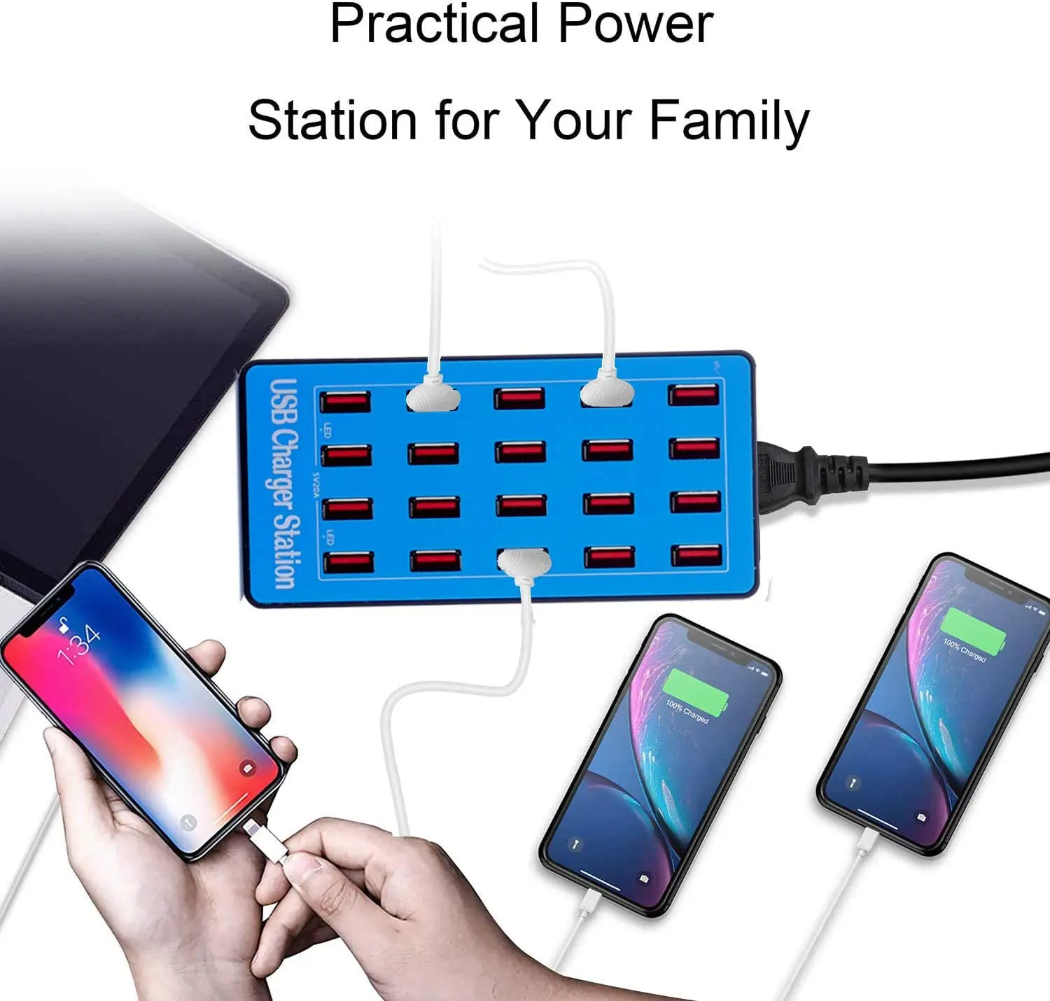 Station de Recharge 20 Ports USB 100W – Charge Rapide PD & QC2.0 pour 20 Appareils