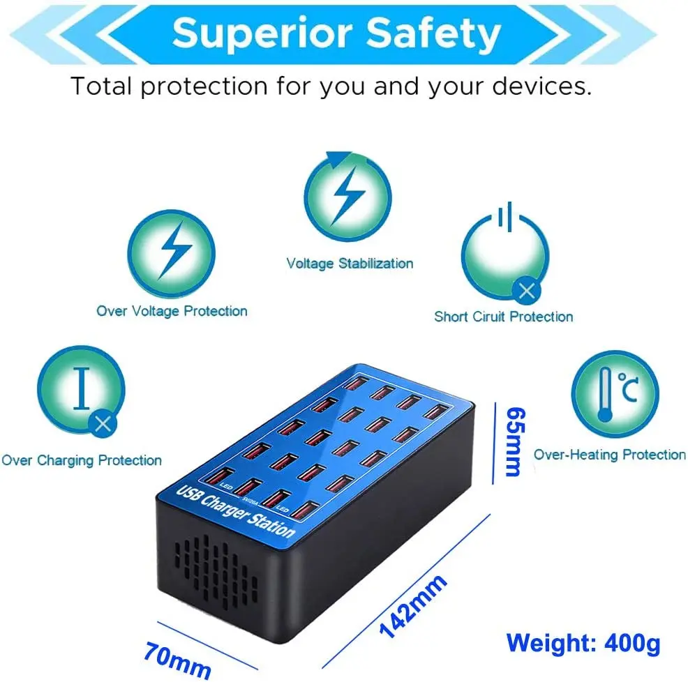 Station de Recharge 20 Ports USB 100W – Charge Rapide PD & QC2.0 pour Smartphones