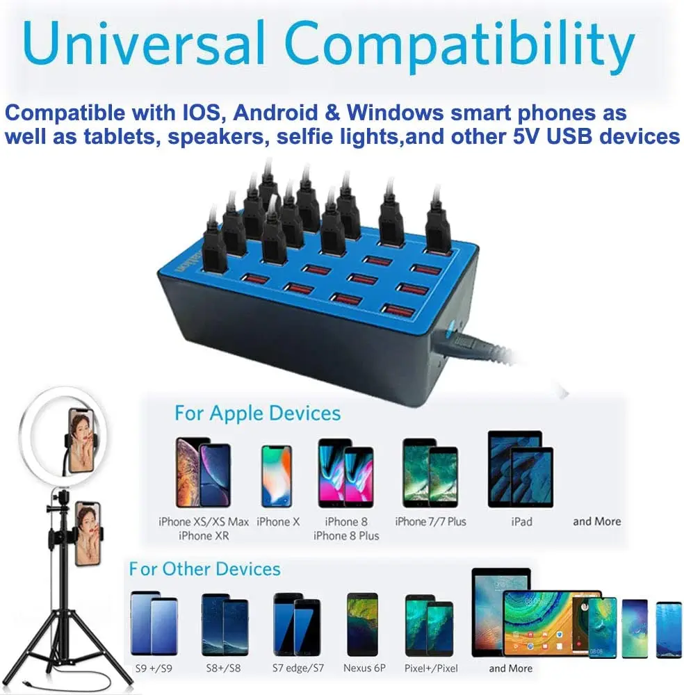 Station de Recharge 20 Ports USB 100W – Charge Rapide PD & QC2.0 pour Smartphones