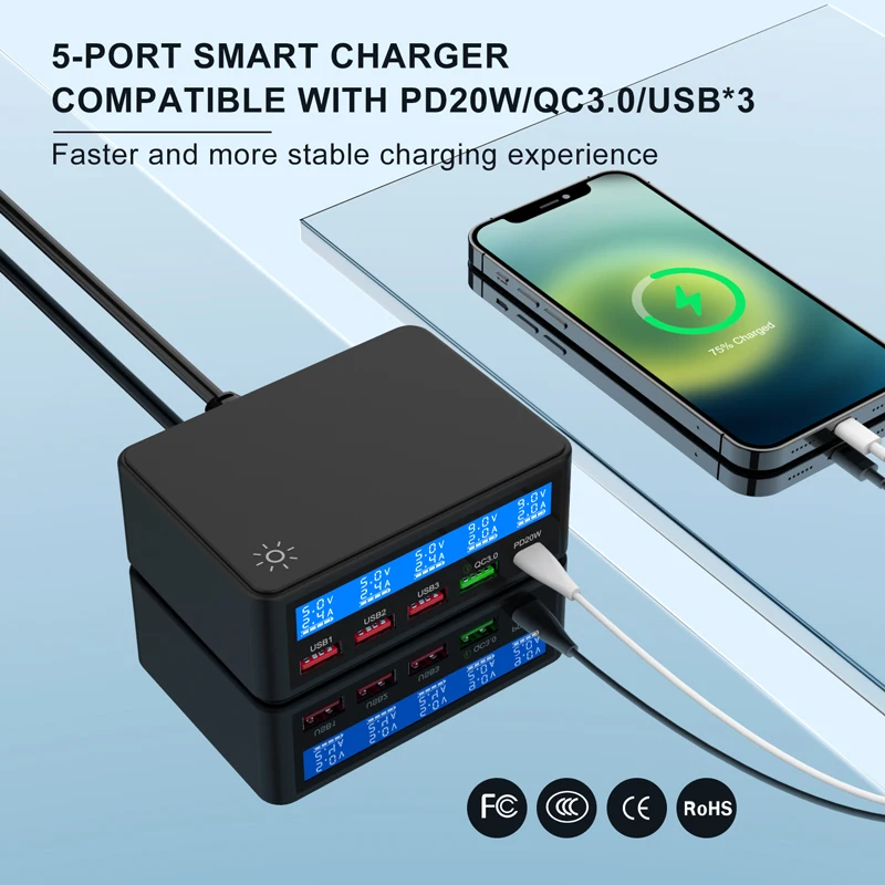 Station de Charge Rapide 65W | 4 USB + Type-C | Écran LED | Chargeur Multi-Appareils ilepo i7